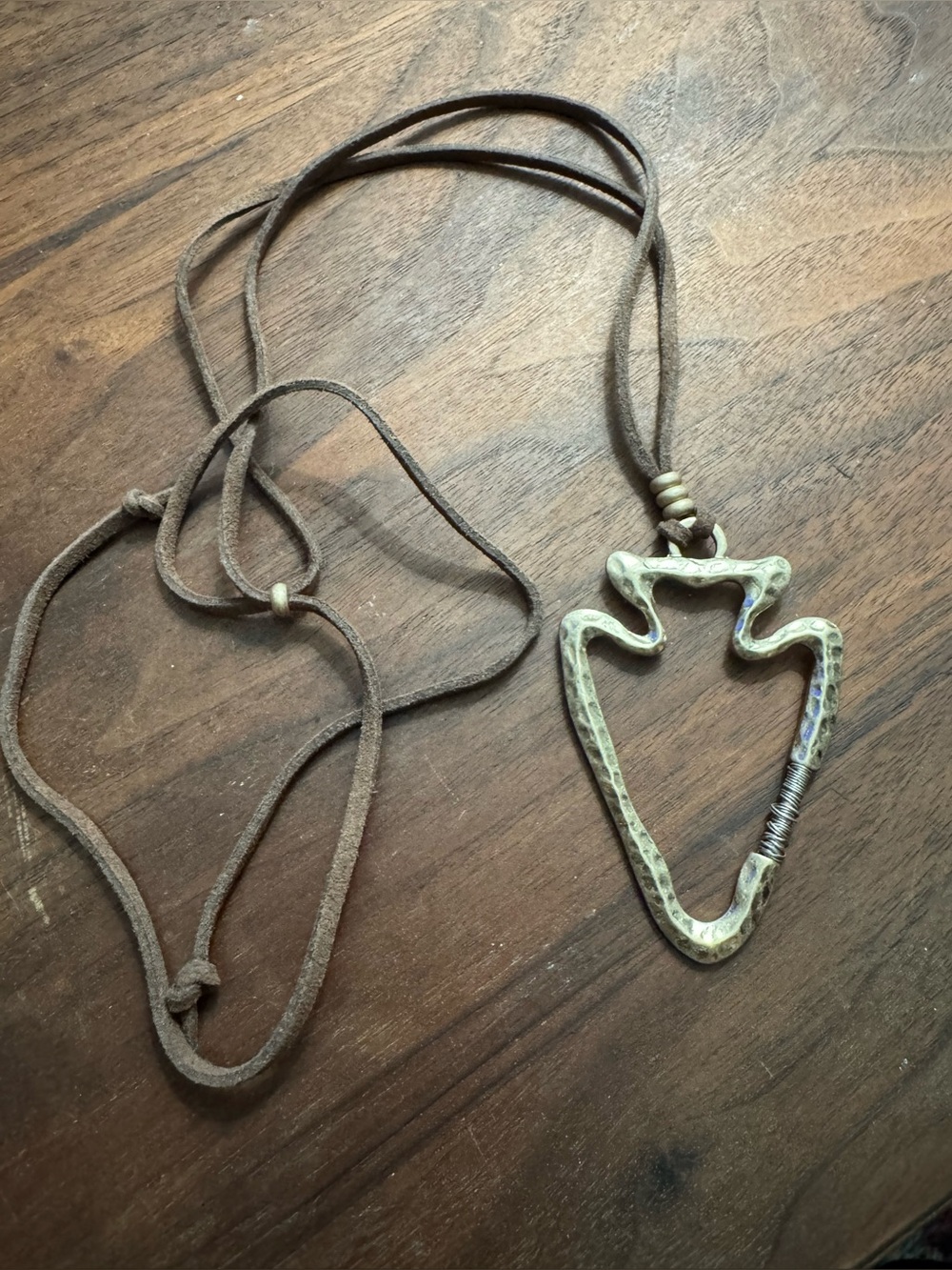 Goldtoned Hammered Metal Wire Wrapped Arrowhead Pendant w/Suede Cord Necklace